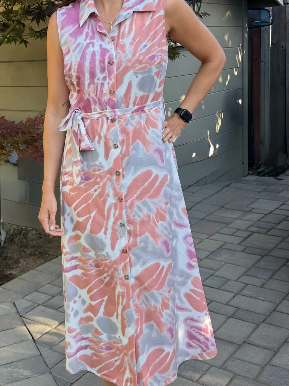 Button-Front Tie Waist Midi Dress in Coral & Light Gray by Carré Noir